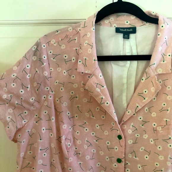 ModCloth Pink Gingham Flower Print Button Down Cotton Shirt Dress Size 22 - Picture 2 of 4